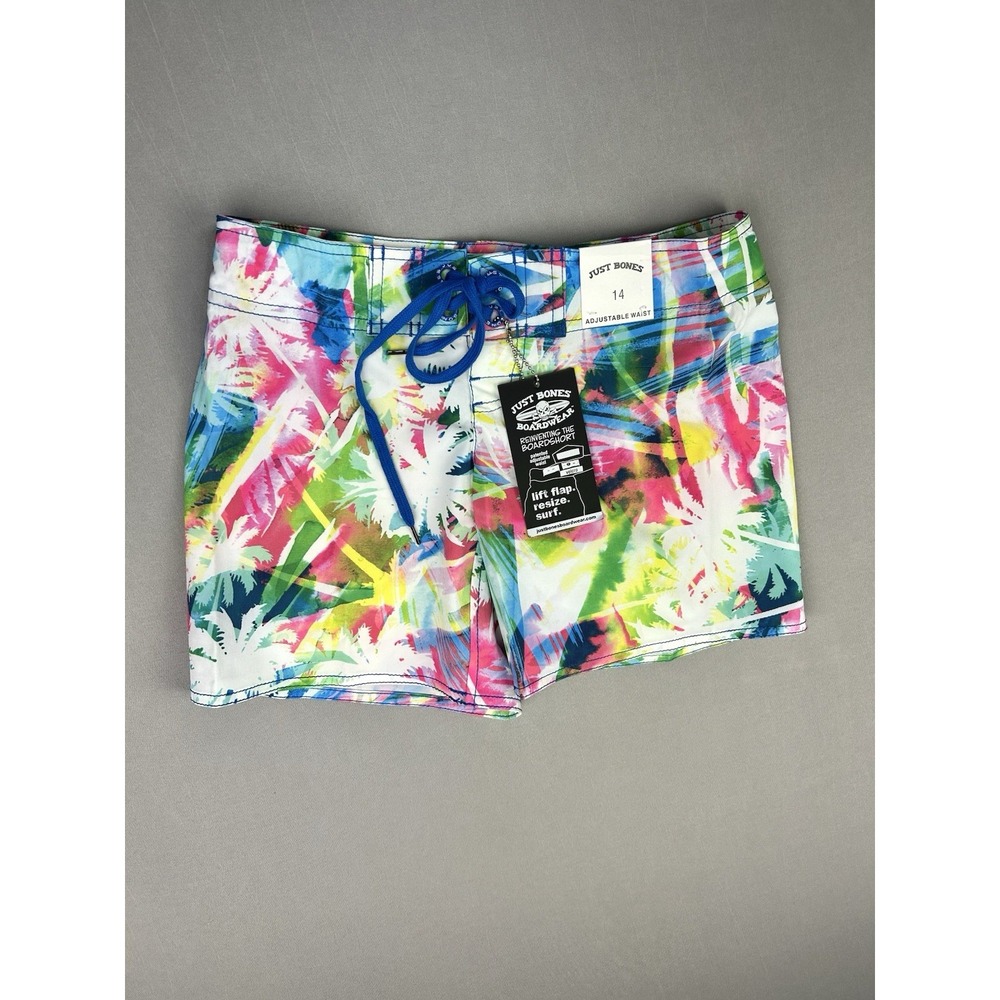 Just Bones BOYS 14 Adjustable Waist Board Swim Shorts Neon‎ Palm Trees NWT